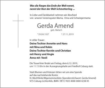 Traueranzeige von Gerda Amend von Neue Presse Coburg