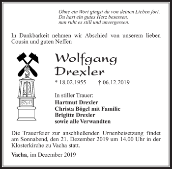 Traueranzeige von Wolfgang Drexler von Südthüringer Presse