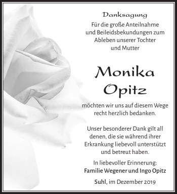 Traueranzeige von Monika Opitz von Südthüringer Presse