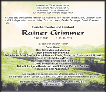 Traueranzeige von Rainer Grimmer von Südthüringer Presse