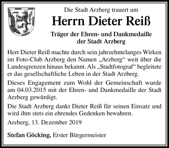 Traueranzeige von Dieter Reiß von Frankenpost
