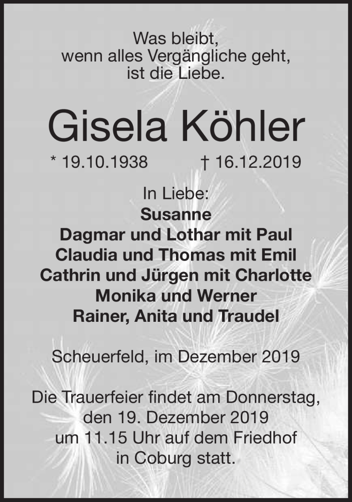  Traueranzeige für Gisela Köhler vom 18.12.2019 aus Neue Presse Coburg