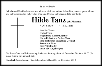 Traueranzeige von Hilde Tanz von Südthüringer Presse