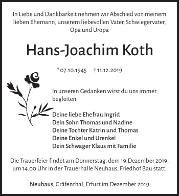 Traueranzeige von Hans-Joachim Koth von Südthüringer Presse
