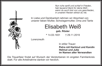 Traueranzeige von Elisabeth Weiß von Frankenpost