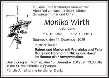 Traueranzeige von Monika Wirth von Frankenpost