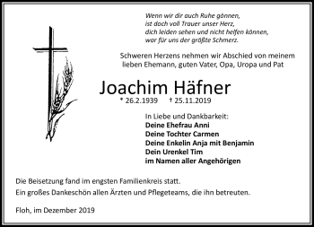 Traueranzeige von Joachim Häfner von Südthüringer Presse