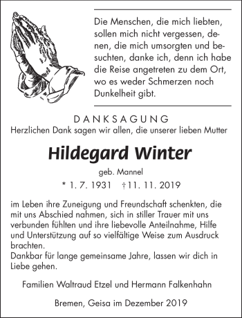 Traueranzeige von Hildegard Winter von Südthüringer Presse
