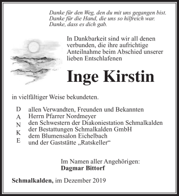Traueranzeige von Inge Kirstin von Südthüringer Presse