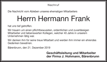 Traueranzeige von Hermann Franke von Frankenpost
