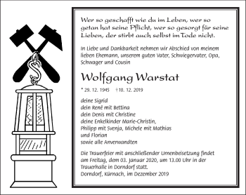 Traueranzeige von Wolfgang Warstat von Südthüringer Presse