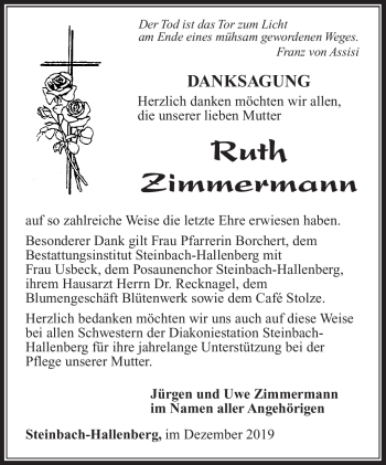 Traueranzeige von Ruth Zimmermann von Südthüringer Presse
