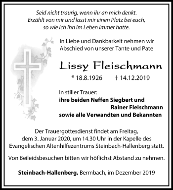 Traueranzeige von Lissy Fleischmann von Südthüringer Presse