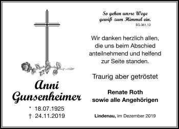 Traueranzeige von Anni Gunsenheimer von Südthüringer Presse