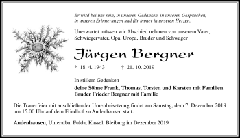 Traueranzeige von Jürgen Bergner von Südthüringer Presse