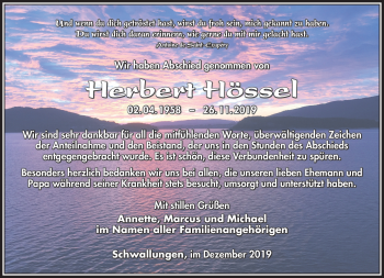Traueranzeige von Herbert Hössel von Südthüringer Presse