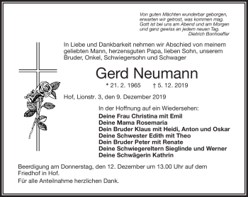 Traueranzeige von Gerd Neumann von Frankenpost
