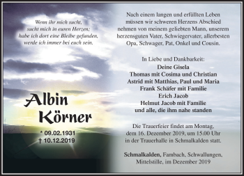 Traueranzeige von Albin Körner von Südthüringer Presse