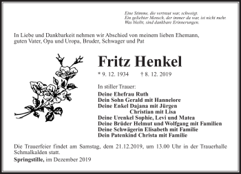 Traueranzeige von Fritz Henkel von Südthüringer Presse