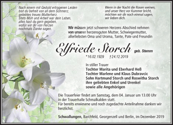 Traueranzeige von Elfriede Storch von Südthüringer Presse