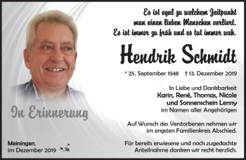 Traueranzeige von Hendrik Schmidt von Südthüringer Presse