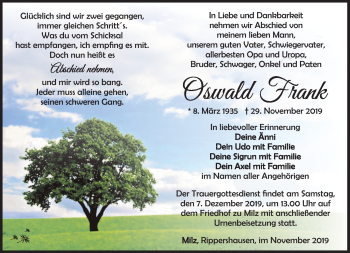 Traueranzeige von Oswald Frank von Südthüringer Presse