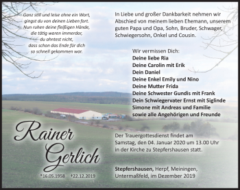 Traueranzeige von Rainer Gerlich von Südthüringer Presse