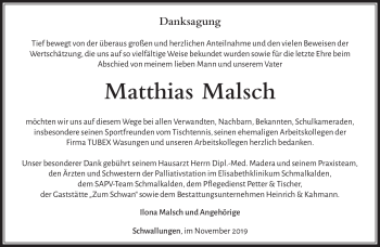 Traueranzeige von Matthias Malsch von Südthüringer Presse