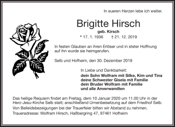Traueranzeige von Brigitte Hirsch von Frankenpost