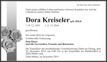 Traueranzeige von Dora Kreiseler von Südthüringer Presse