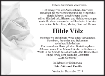 Traueranzeige von Hilde Völz von Südthüringer Presse