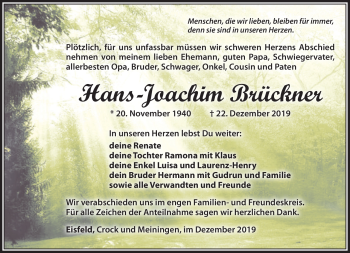 Traueranzeige von Hans-Joachim Brückner von Südthüringer Presse