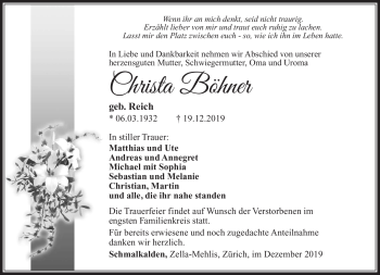 Traueranzeige von Cjrosta Böhner von Südthüringer Presse
