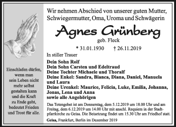 Traueranzeige von Agnes Grünberg von Südthüringer Presse