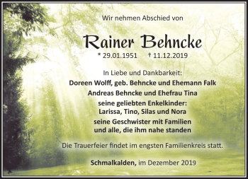 Traueranzeige von Rainer Behncke von Südthüringer Presse