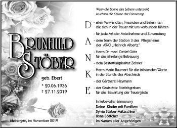 Traueranzeige von Brunhild Stöber von Südthüringer Presse