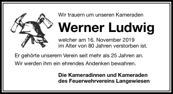 Traueranzeige von Werner Ludwig von Südthüringer Presse