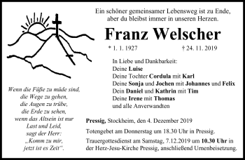 Traueranzeige von Franz Welscher von Neue Presse Coburg