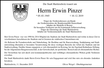 Traueranzeige von Erwin Pinzer von Frankenpost