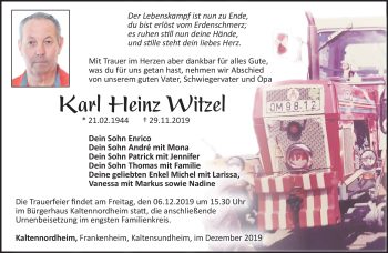 Traueranzeige von Karl Heinz Witzel von Südthüringer Presse