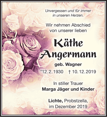 Traueranzeige von Käthe Angermann von Südthüringer Presse