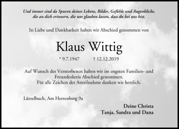 Traueranzeige von Klaus Wittig von Neue Presse Coburg