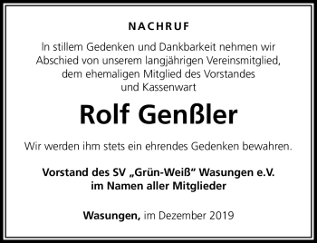 Traueranzeige von Rolf Genßler von Südthüringer Presse