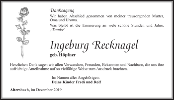 Traueranzeige von Ingeburg Recknagel von Südthüringer Presse
