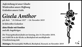 Traueranzeige von Gisela Amthor von Südthüringer Presse