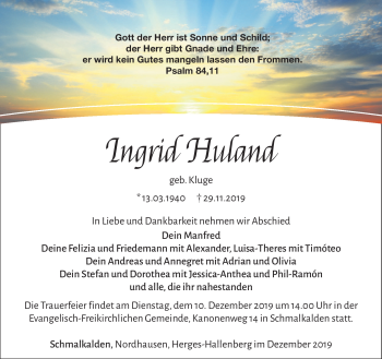 Traueranzeige von Ingrid Huland von Südthüringer Presse