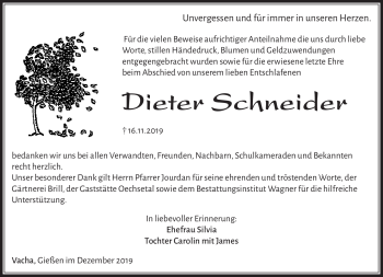 Traueranzeige von Dieter Schneider von Südthüringer Presse