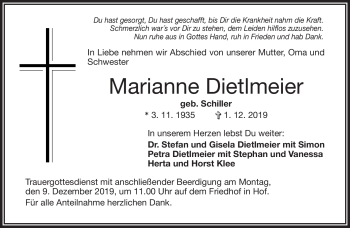Traueranzeige von Marianne Dietlmeier von Frankenpost
