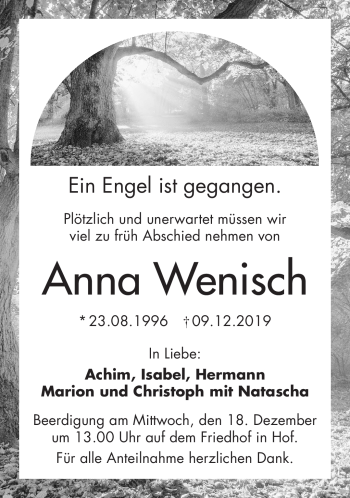 Traueranzeige von Anna Wenisch von Frankenpost