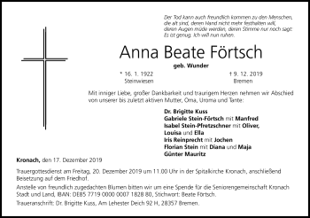 Traueranzeige von Anna Förtsch von Neue Presse Coburg
